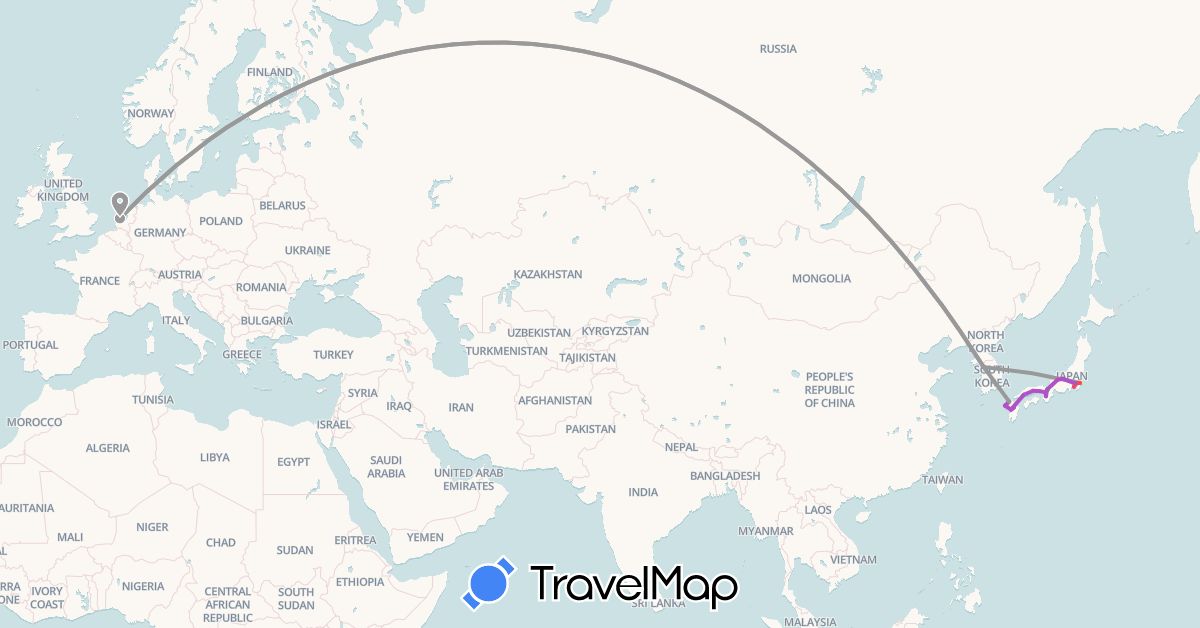 TravelMap itinerary: bus, plane, train, hiking, boat in Japan, South Korea, Netherlands (Asia, Europe)